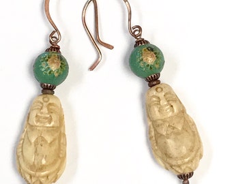 Vintage Chinese Carved BONE BUDDHA Bead Dangle Earrings,Vintage Japanese Turquoise Flowers Tensha,Handmade Rose Oxidized Copper Ear Wires