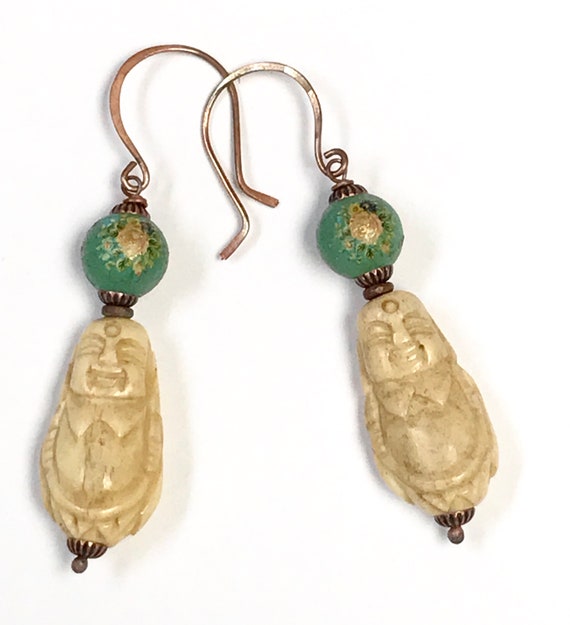 Vintage Chinese Carved BONE BUDDHA Bead Dangle Ea… - image 1