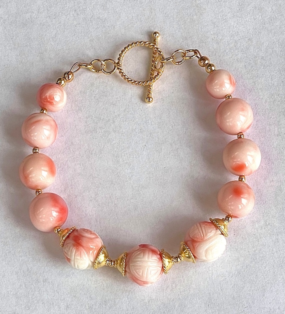 Vintage Pink ANGEL Skin CORAL Carved SHOU Bead Bracelet handmade