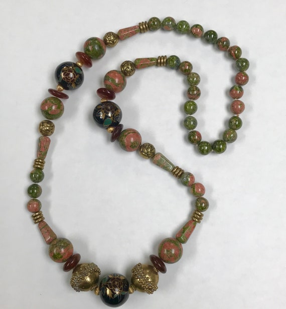 Vintage Unakite Olive Green Coral Bead Knotted Ne… - image 4