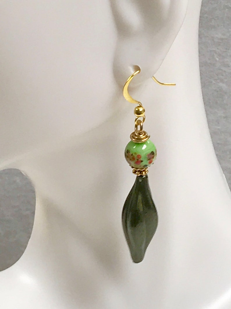 Vintage Japanese LIME GREEN Millefiori Glass Bead Dangle Drop Earrings, Vintage German Jade Green Lucite Beads,Gold Plated French Ear Wires image 5