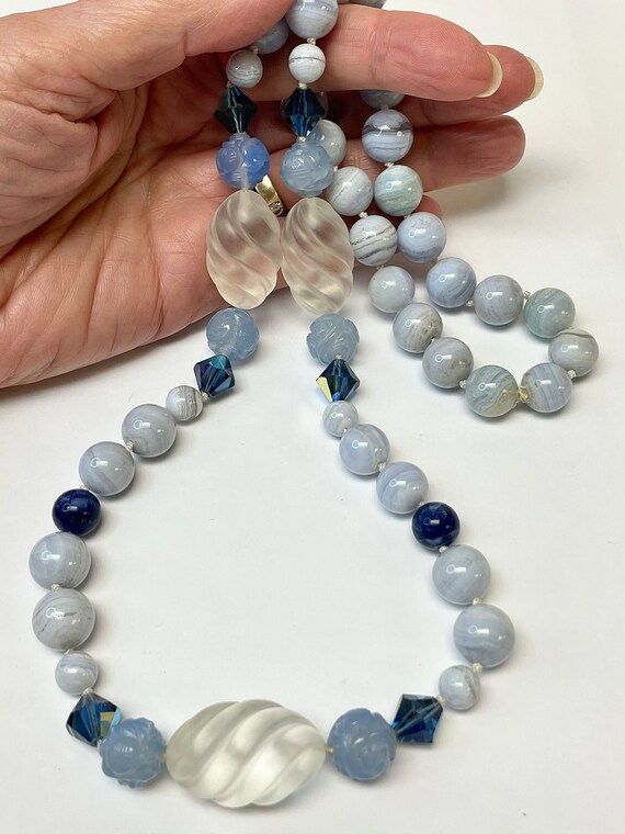 Vintage Blue Lace Agate Knotted Bead Necklace,Vin… - image 2