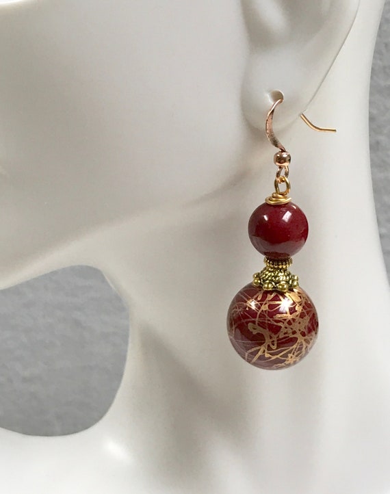 Vintage RARE RED CHALCEDONY Bead Dangle Drop Earr… - image 4