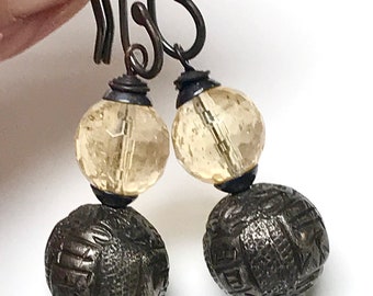 Antique Chinese Silver Bead Qing Dangle Wealth Treasure Earrings,Faceted Natural Faceted Citrine Beads,Handmade Sterling Silver Ear Wires