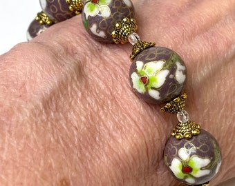 Vintage Chinese CLOISONNE RARE PURPLE Flower Bead Bracelet -White Red Lime Green,Gold, Vintage Crystal Beads,Gold Plated Toggle Clasp