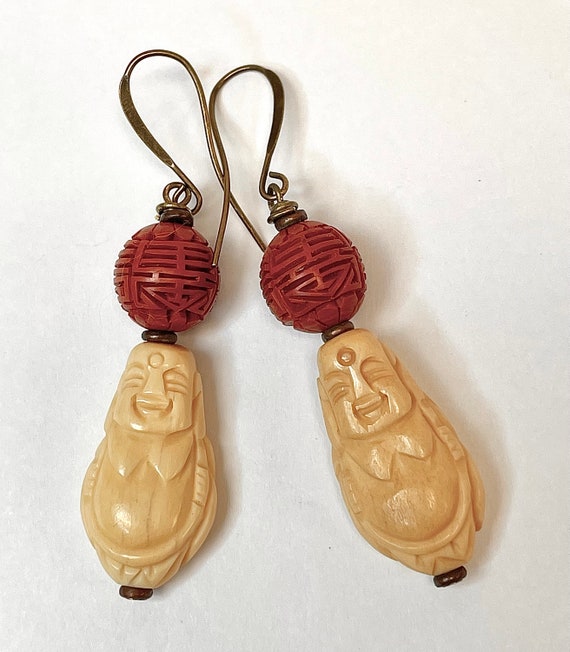 Vintage CARVED BONE Buddha Bead Earrings Dangle D… - image 2