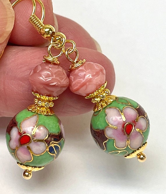 Vintage Chinese Cloisonne RARE APPLE GREEN Dangle… - image 1