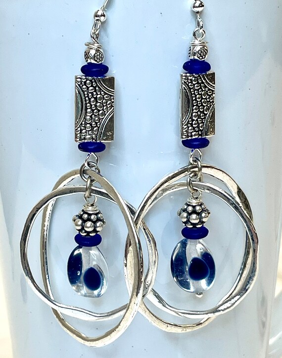 Vintage Japanese GLASS BLUE SPOTTED Dangle Drop B… - image 5