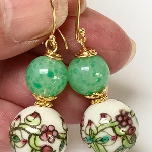 Vintage Chinese PORCELAIN White Pink Flower Peach Bead Dangle Earrings,Vintage 1940s Japanese Handmade Green Glass Beads,Bali Gold Ear Wires image 3