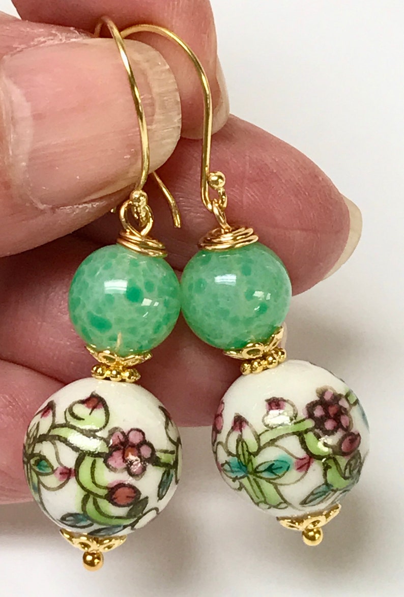 Vintage Chinese PORCELAIN White Pink Flower Peach Bead Dangle Earrings,Vintage 1940s Japanese Handmade Green Glass Beads,Bali Gold Ear Wires image 3