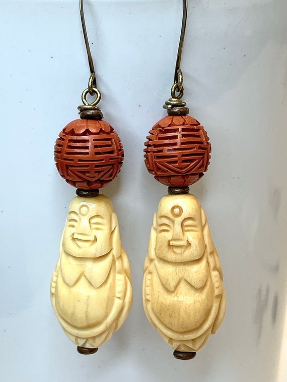 Vintage CARVED BONE Buddha Bead Earrings Dangle D… - image 1
