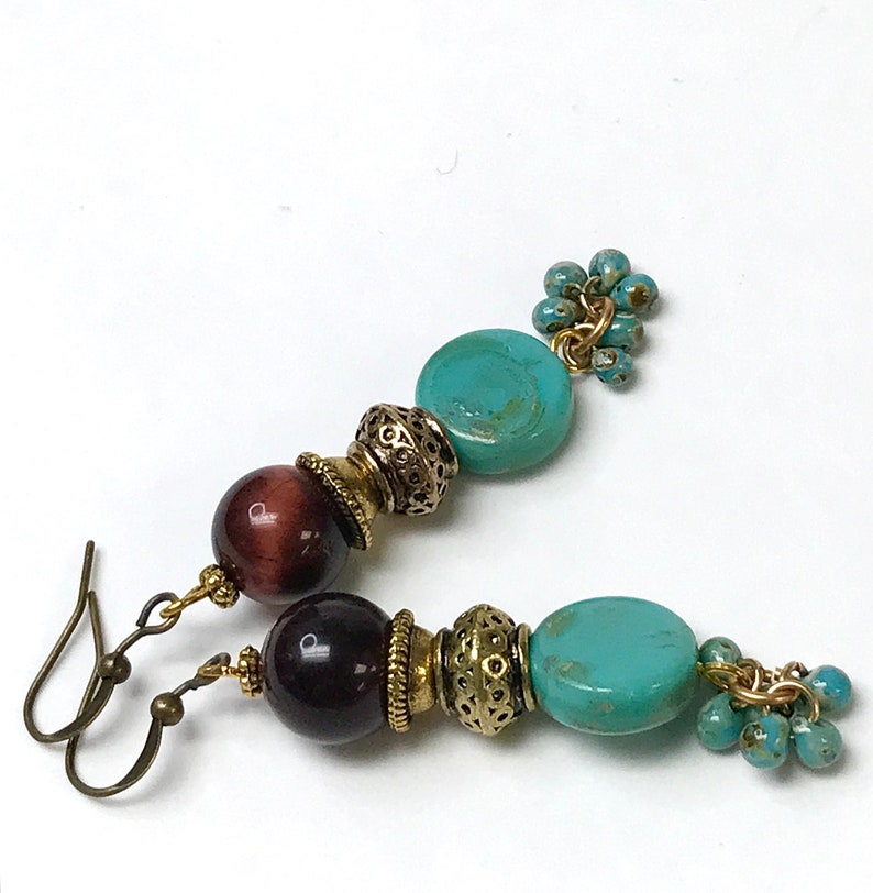 Vintage RED TIGEREYE Dangle Cluster Bead Earrings, Vintage TURQUOISE Glass Beads,Japanese Miyuki Picasso Turquoise Beads, Bali Style Gold image 3