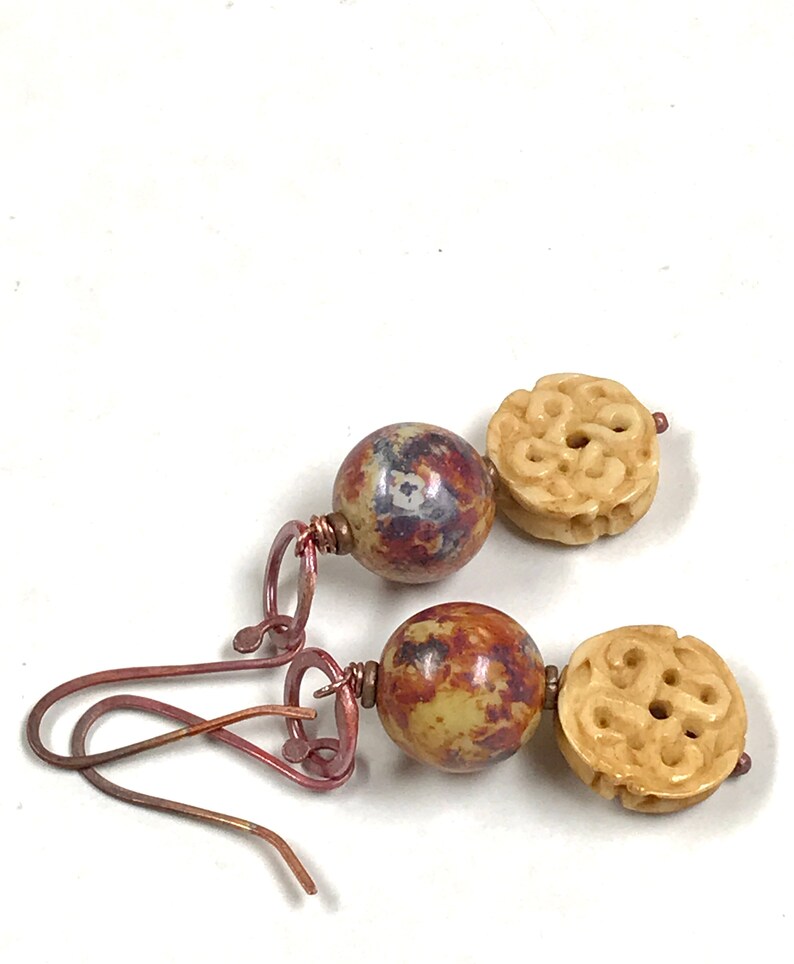 Vintage Chinese CARVED BONE KNOT Bead Dangle Earrings,Vintage German Blue Purple Picasso Glass Bead,Handmade Rose Copper Ear Wires And Hoops