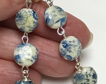 Vintage Japanese TENSHA Blue White FLORAL Lentil Shaped Long Dangle TRIPLE Bead Earrings, Silver Plated French Ear Wires