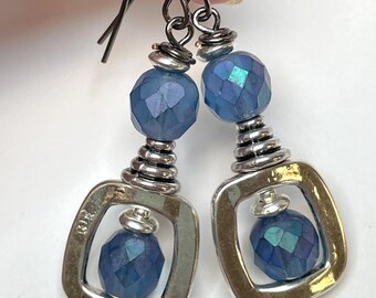 Vintage Czech CRYSTAL Bright Cobalt Blue Bead Violet Purple Earrings,Silver Plated Hoops, Silver Plated Bead Caps, Silver French Ear Wires