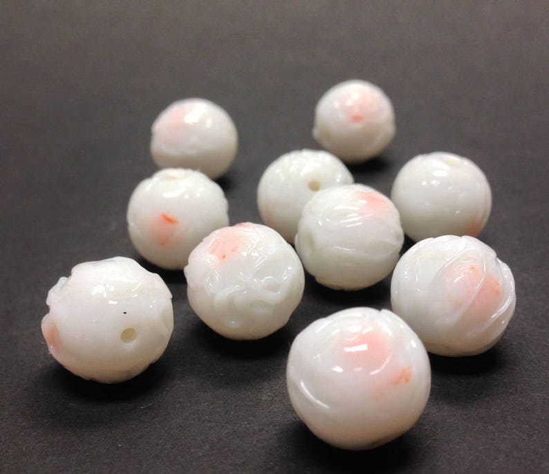 Vintage Pink ANGEL SKIN CORAL Dangle Bead Earrings,Vintage Japanese White Coral Glass Flower Beads,Handmade Bali 24k Gold Ear Wires,Bead Cap image 7