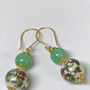 Vintage Chinese PORCELAIN White Pink Flower Peach Bead Dangle Earrings,Vintage 1940s Japanese Handmade Green Glass Beads,Bali Gold Ear Wires image 6