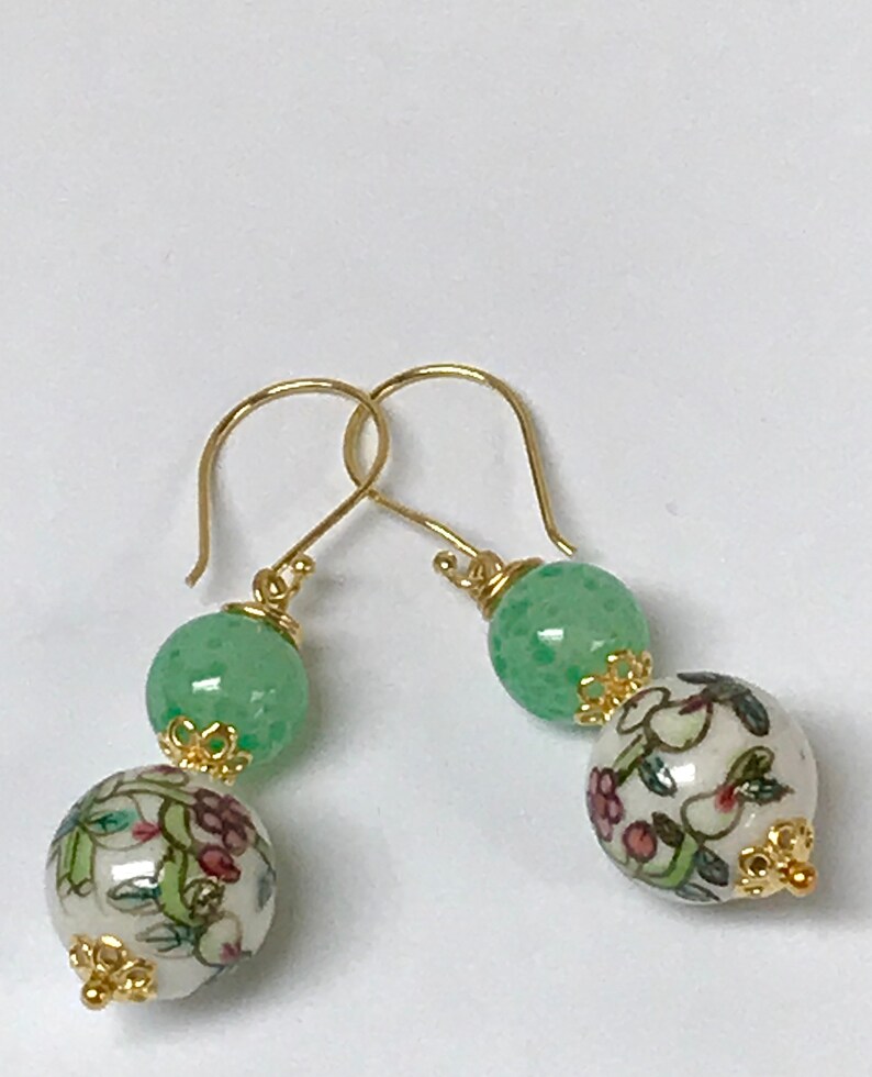 Vintage Chinese PORCELAIN White Pink Flower Peach Bead Dangle Earrings,Vintage 1940s Japanese Handmade Green Glass Beads,Bali Gold Ear Wires image 6