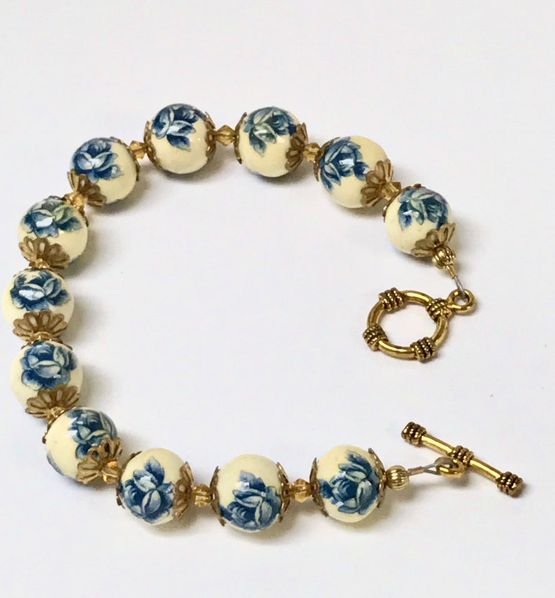 Vintage Japanese PORCELAIN TENSHA Blue Rose Bead Bracelet,Vintage Yellow Crystal Gold Plated Toggle Clasp Matched Jewelry Set