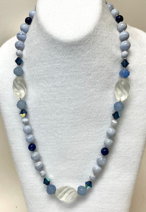 Vintage Blue Lace Agate Knotted Bead Necklace,Vin… - image 3