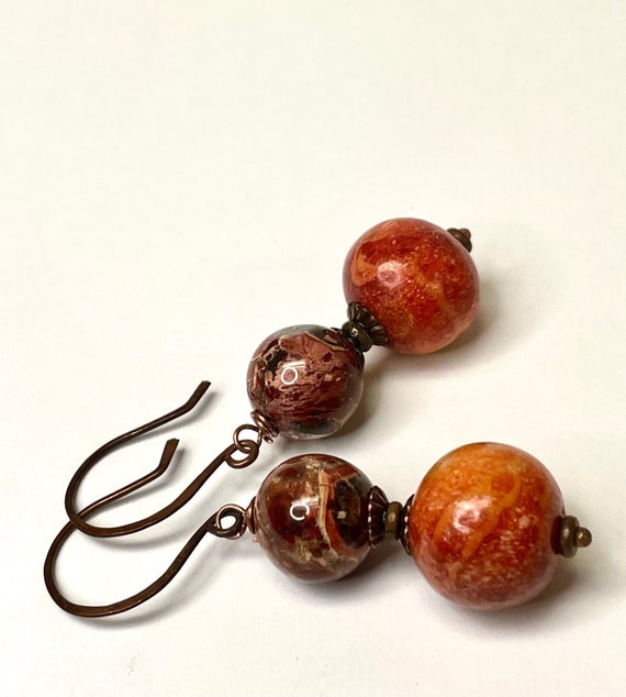 Vintage Apple Coral Bead Dangle Earrings,Vintage A