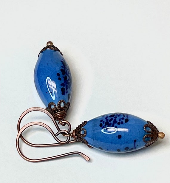 Vintage Handmade ENAMELED COPPER COBALT Blue Bead… - image 6