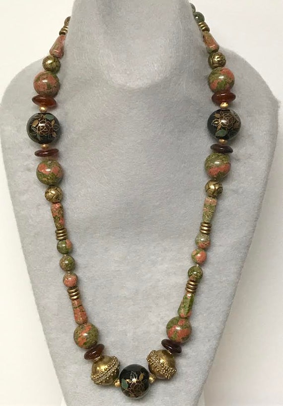 Vintage Unakite Olive Green Coral Bead Knotted Ne… - image 3