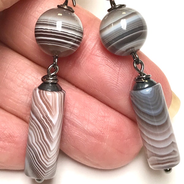 Vintage RARE Paragon Agate STRIPED Silver Gray Bead Dangle Earrings,Handmade Oxidized Sterling Silver Ear Wires and Sterling Silver Chain B