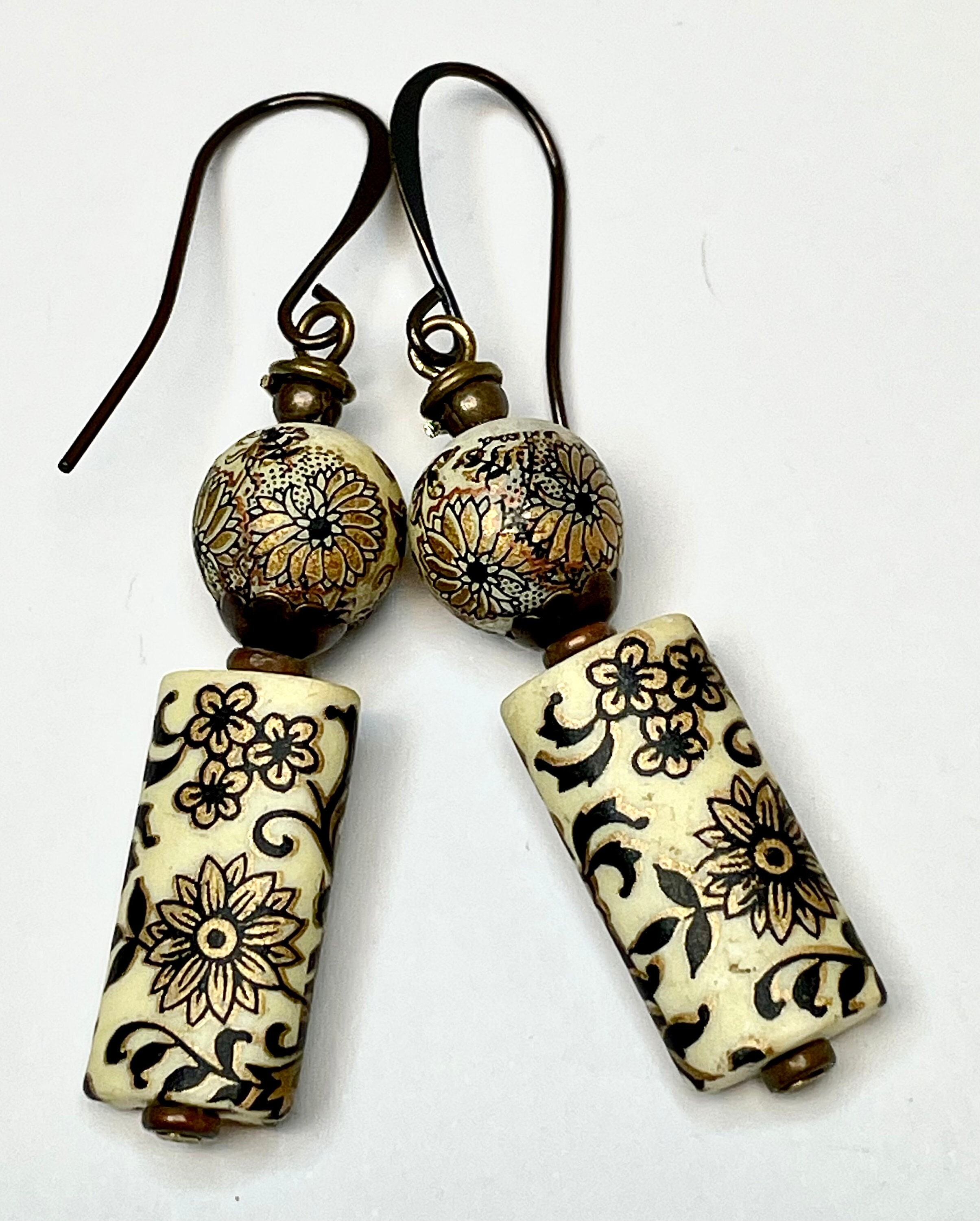 Vintage RARE Japanese Tensha Decal Beads Rectangular Floral Black White Dangle Drop Earrings,Vintage African Copper,Antiqued Brass Ear Wires