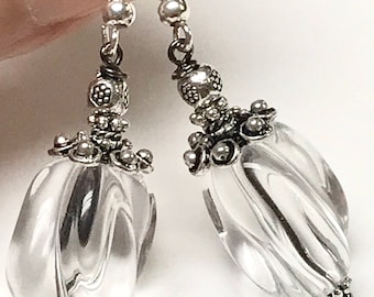 Vintage Japanese CLEAR CRYSTAL Lucite Bead Earrings Oval Swirl Dangle Drop, Silver Bead Caps, Silver Ear Wires