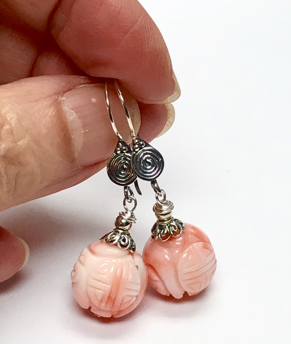 Vintage Pink ANGEL SKIN CORAL Bead Carved Shou Et… - image 4