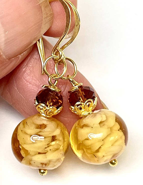 Vintage Japanese YELLOW CRUMB GLASS Bead Earrings… - image 1