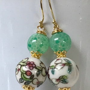 Vintage Chinese PORCELAIN White Pink Flower Peach Bead Dangle Earrings,Vintage 1940s Japanese Handmade Green Glass Beads,Bali Gold Ear Wires image 4