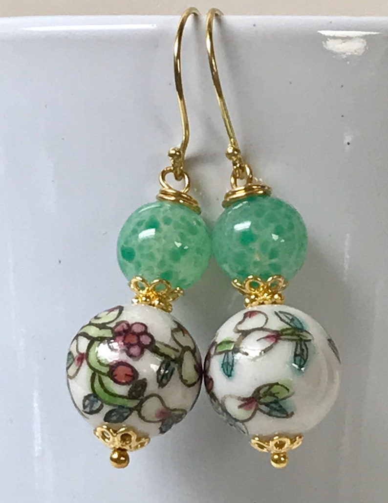 Vintage Chinese PORCELAIN White Pink Flower Peach Bead Dangle Earrings,Vintage 1940s Japanese Handmade Green Glass Beads,Bali Gold Ear Wires image 4