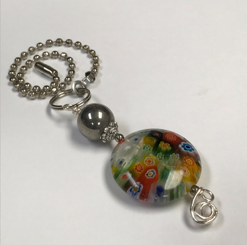 Vintage MILLEFIORI MULTI COLORED Glass Chinese Yellow Green Blue Red Fan Pull Large Bead Vintage Chinese Silver Glass Bead,Silver Bead Cap