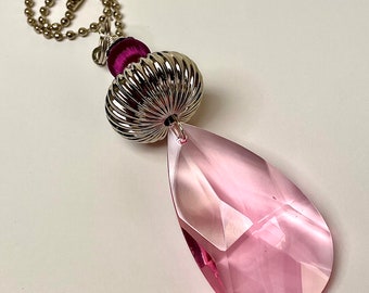 Vintage Pink Glass Crystal Multi Faceted Teardrop Fan Light Pull,Vintage Japanese Plum Purple Silk Bead,Vintage Silver Plated Bead