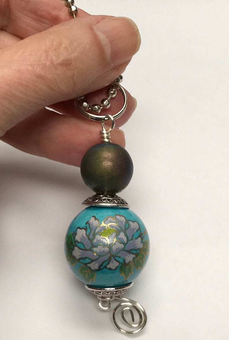Vintage Chinese TURQUOISE Porcelain Bead PURPLE Flowers Light Fan Pull,Contemporary Chinese Iridescent Teal Blue Glass Bead,Silver Bead Caps