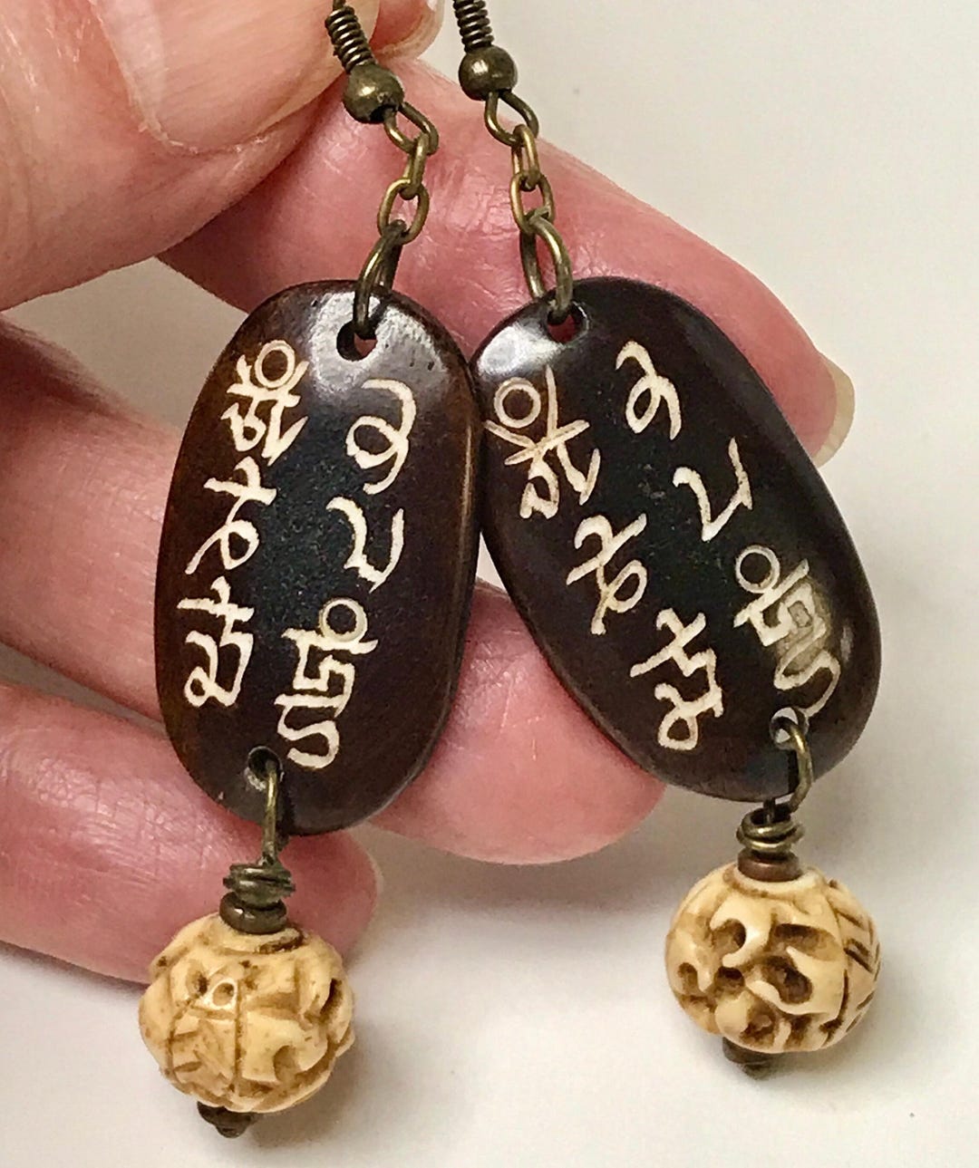 Vintage TIBETAN Bone MANI MANTRA Bead Dangle Bead Earrings