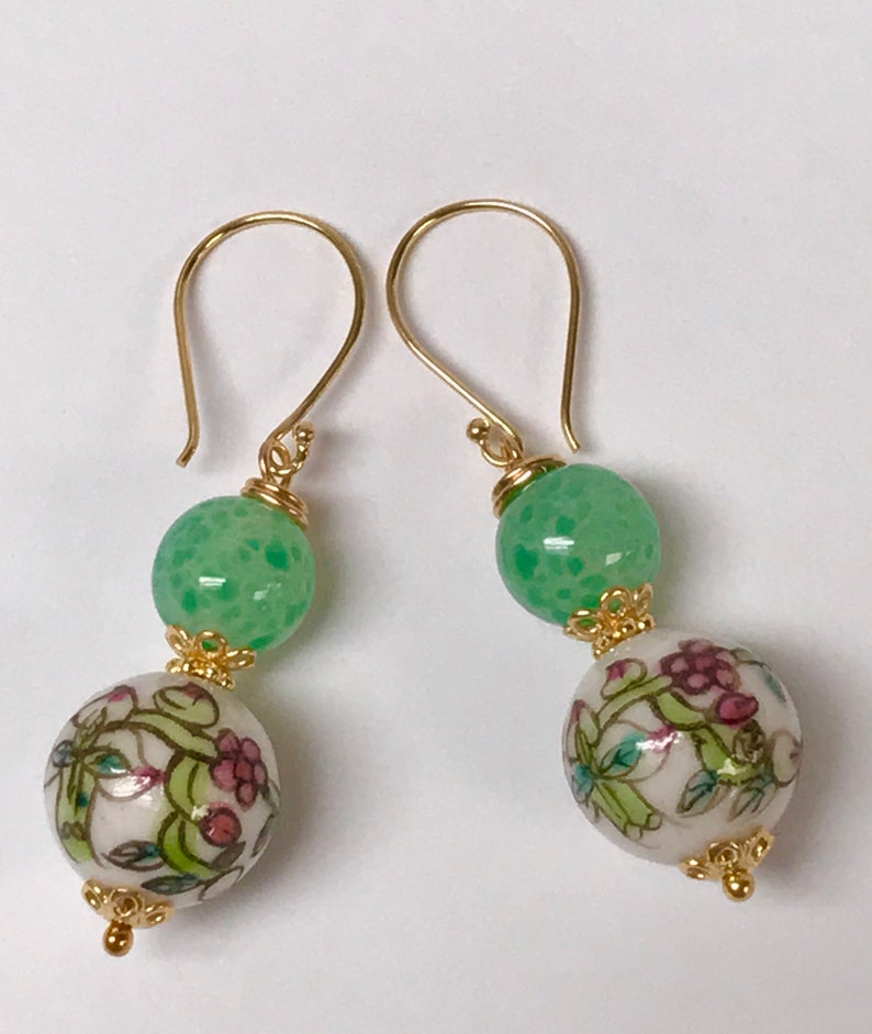 Vintage Chinese PORCELAIN White Pink Flower Peach Bead Dangle Earrings,Vintage 1940s Japanese Handmade Green Glass Beads,Bali Gold Ear Wires image 1