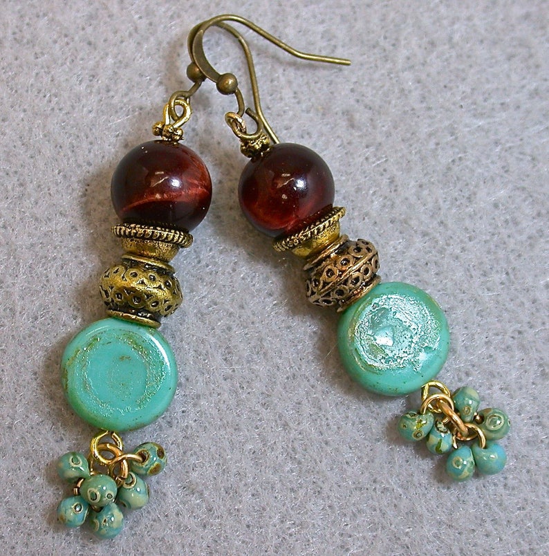 Vintage RED TIGEREYE Dangle Cluster Bead Earrings, Vintage TURQUOISE Glass Beads,Japanese Miyuki Picasso Turquoise Beads, Bali Style Gold image 8