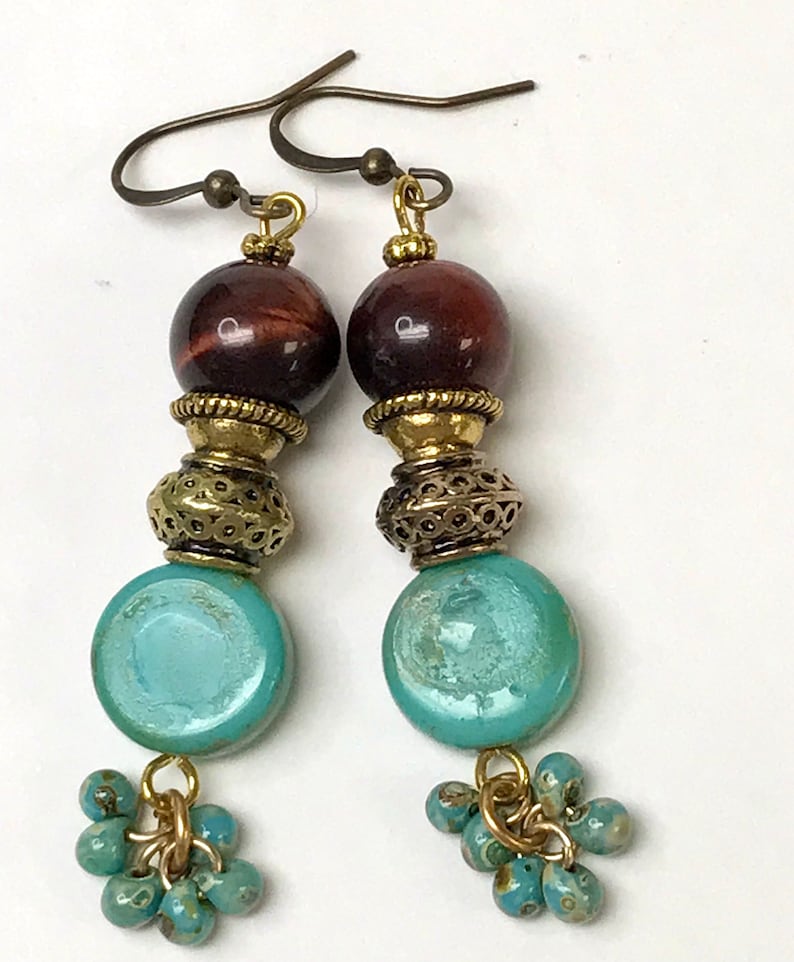 Vintage RED TIGEREYE Dangle Cluster Bead Earrings, Vintage TURQUOISE Glass Beads,Japanese Miyuki Picasso Turquoise Beads, Bali Style Gold image 1