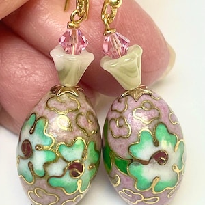 Vintage Chinese CLOISONNE PINK Bead OVAL Dangle Earrings,Vintage German Celadon Green Glass Flower,Vintage Pink Crystal,Bali Gold Ear Wires