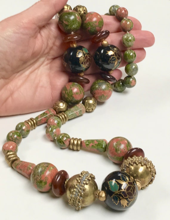 Vintage Unakite Olive Green Coral Bead Knotted Ne… - image 2