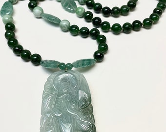 Vintage Carved Jadeite BUDDHA DRAGON Pendant Necklace,Vintage Nephrite Jade Beads, Vintage Apple Jade,Vintage Carved Aventurine Leaves