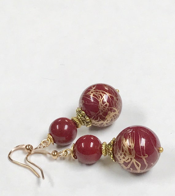 Vintage RARE RED CHALCEDONY Bead Dangle Drop Earr… - image 2