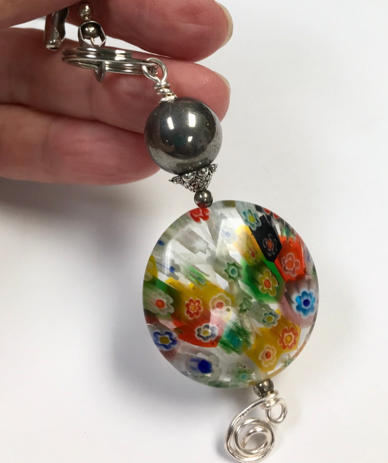 Vintage MILLEFIORI MULTI COLORED Glass Chinese Yellow Green Blue Red Fan Pull Large Bead Vintage Chinese Silver Glass Bead,Silver Bead Cap