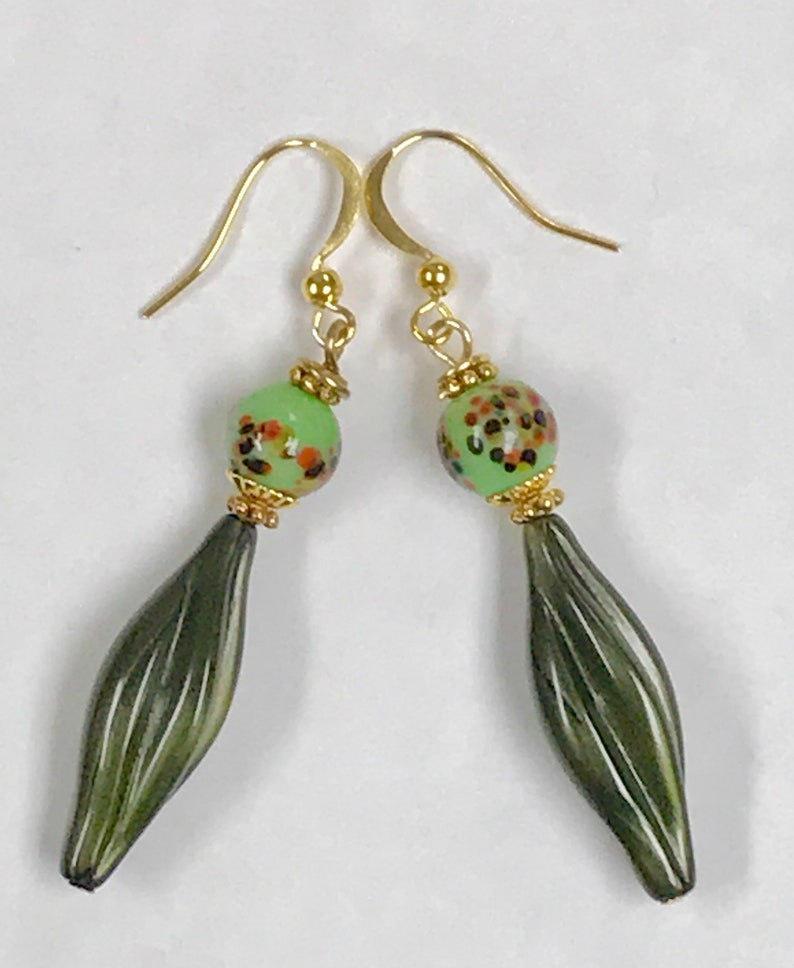 Vintage Japanese LIME GREEN Millefiori Glass Bead Dangle Drop Earrings, Vintage German Jade Green Lucite Beads,Gold Plated French Ear Wires image 2