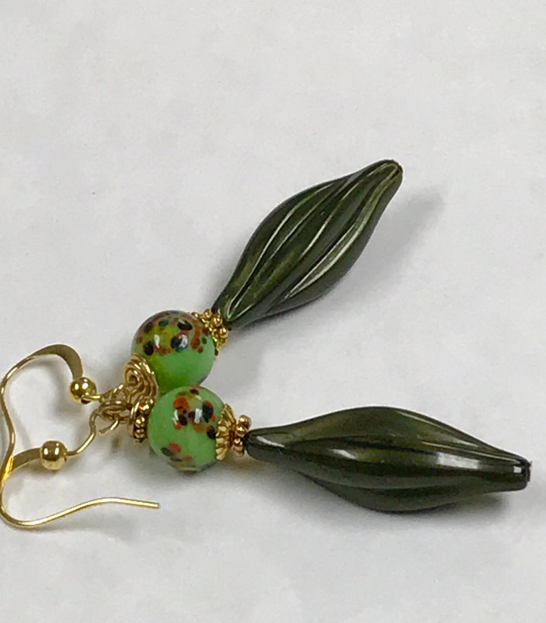 Vintage Japanese LIME GREEN Millefiori Glass Bead Dangle Drop Earrings, Vintage German Jade Green Lucite Beads,Gold Plated French Ear Wires image 1