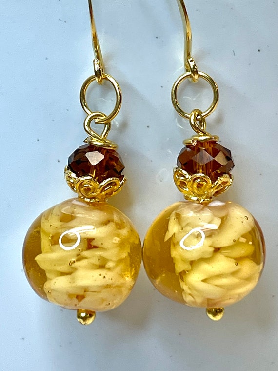 Vintage Japanese YELLOW CRUMB GLASS Bead Earrings… - image 3