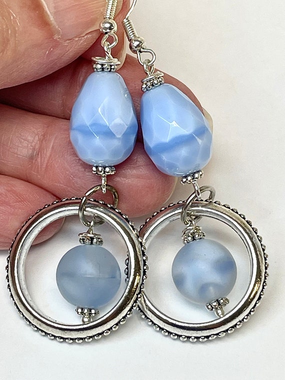 Vintage German BLUE GIVRE GLASS Bead Dangle Earrin